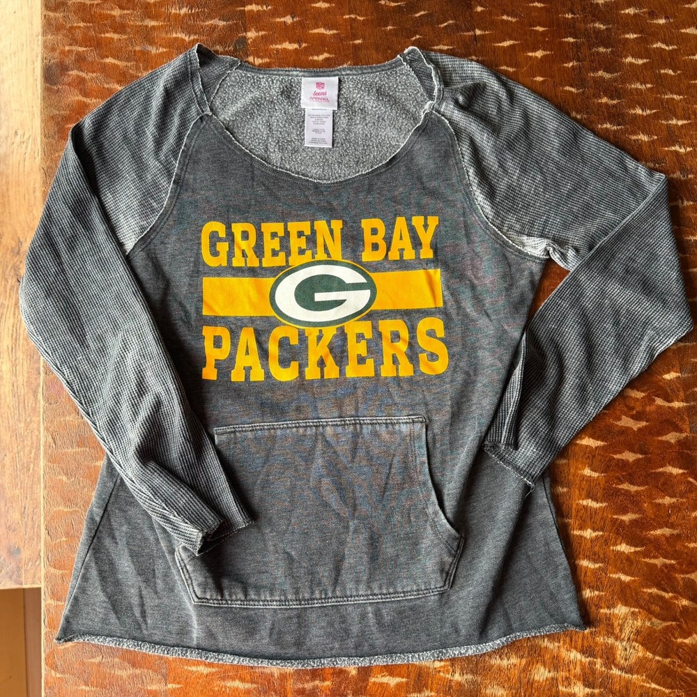 NFL Teens Green Bay Packers Top Large Grey Waffle Sleeve Excellent Graphic Tee